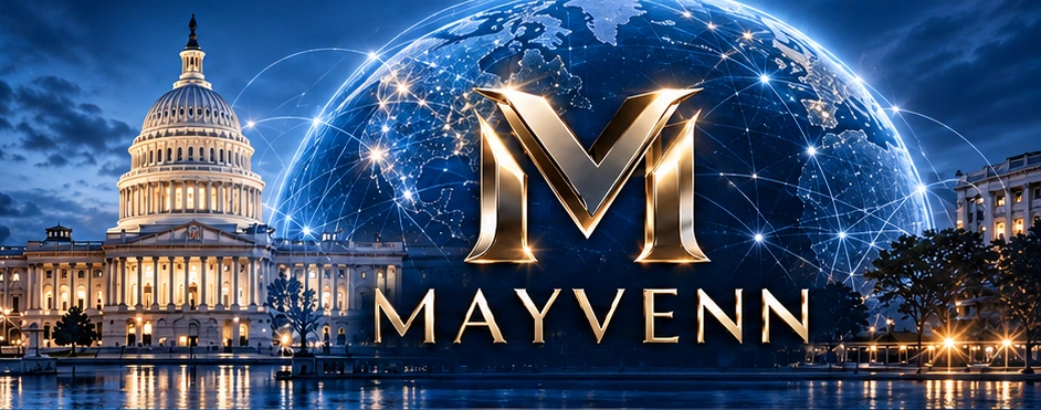 Mayvenn gold M mark over a digitally connected globe beside the United States Capitol